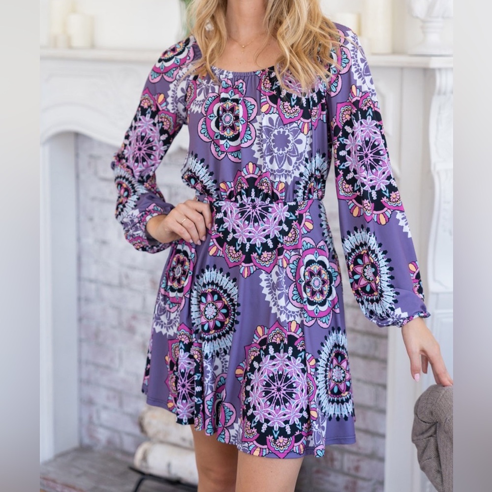 NWT White Birch Purple Paisley Print Long Sleeve Mini Dress w/ Bike Short Liner